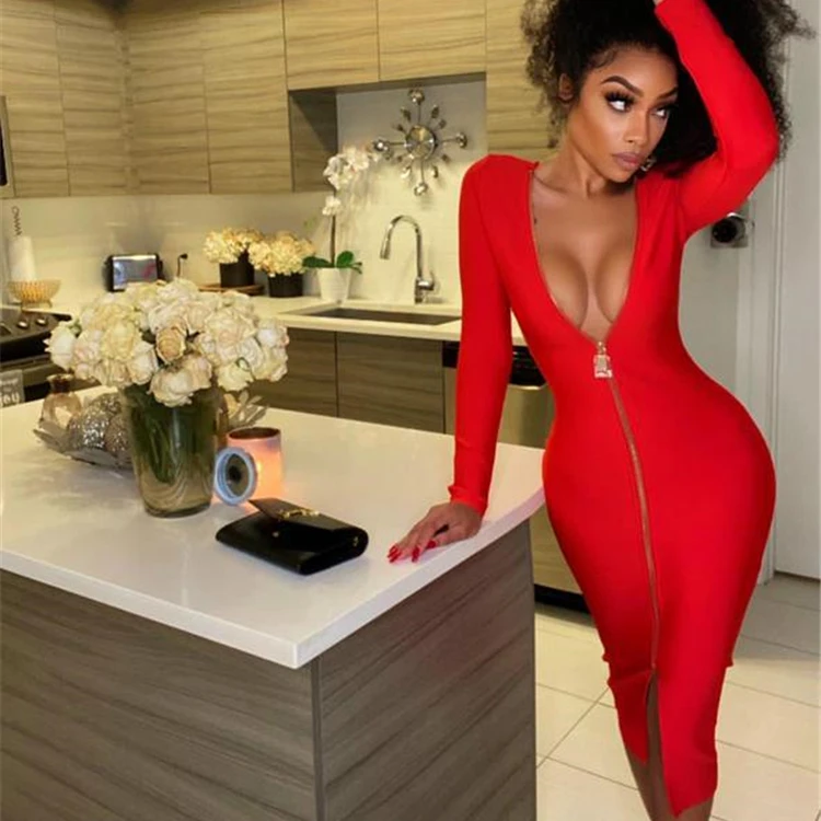 

D074-2021 new arrivals ladies long sleeve casual dresses red back zipper dress