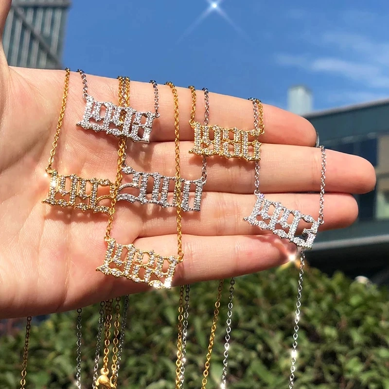 

Fashion Custom 1985-2020 Number CZ Year Necklace Vintage Stainless Steel Diamond Birth Year Necklace For Women