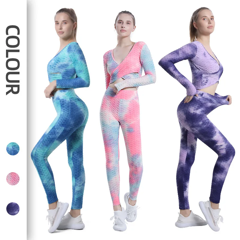 

Wholesale Cross Top Tie Dye Yoga Pants Jacquard Butt Lift Legging Fitness Sports Workout Suits for Yoga Sets