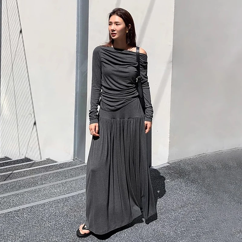 Wholesale 2026 Autumn French Sloping Collar Pleated Off Shoulder Long Sleeved T-shirt A-line Large Swing Half Skirt Women's Set