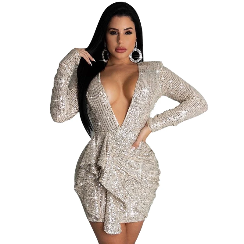 

APOLLO Deep V-neck Bare Back Sequin Tight Butt Evening Dress Sexy Dress for Women, White