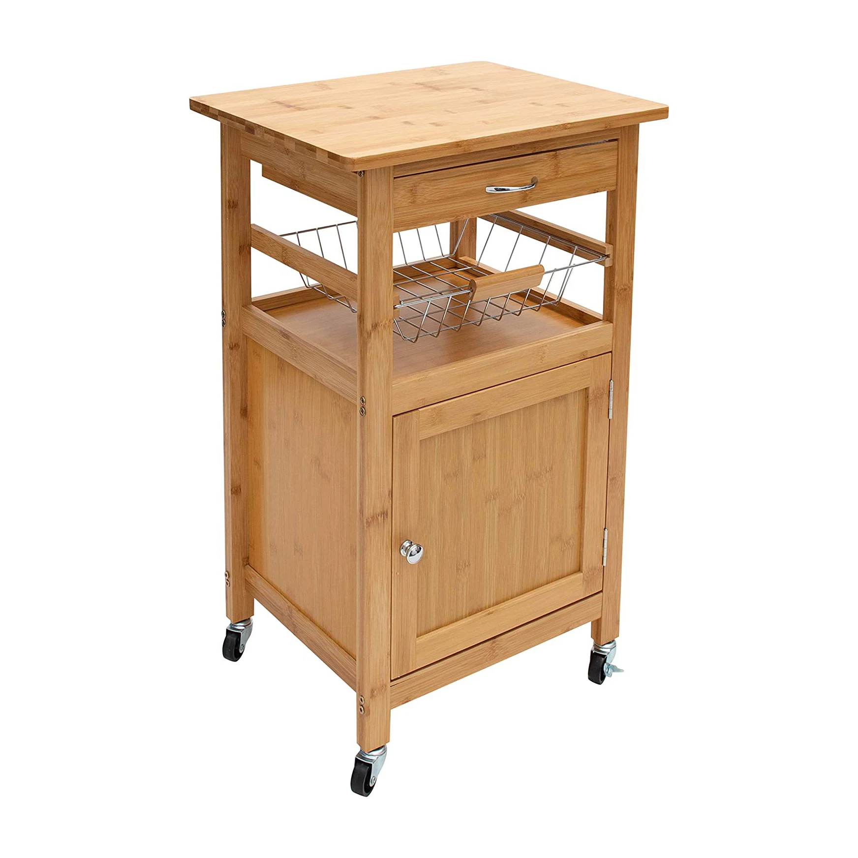 

Natural Bamboo Rolling Kitchen Storage Cart Kitchen Trolley Cart with Basket