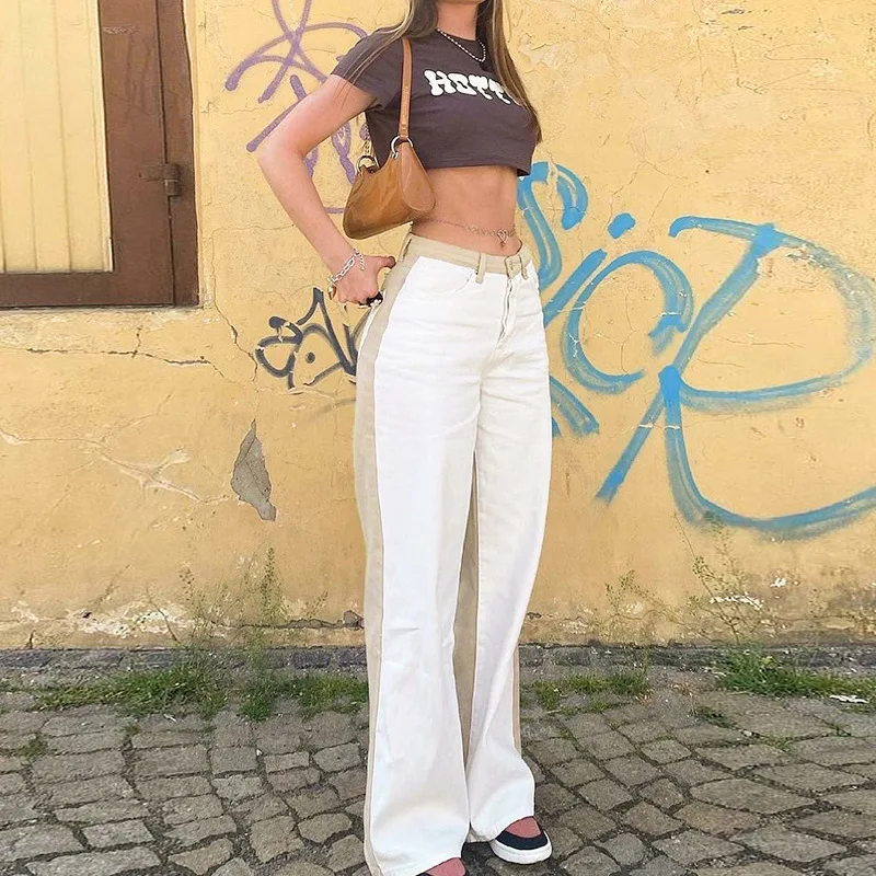 

2021 summer new women's casual fashion two-color street snap straight-leg pants temperament high waist stitching scratch pants