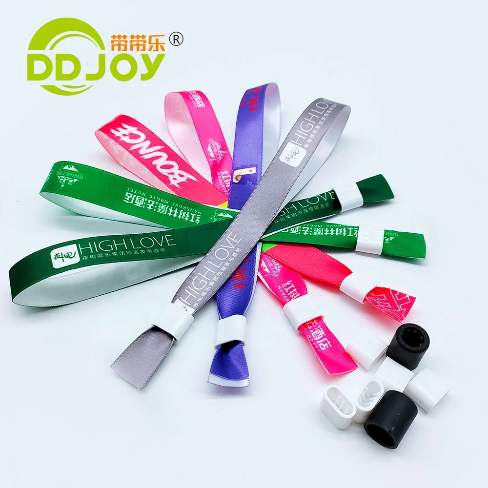 

Wholesale Custom Personalised Textile Fabric Bracelets Concert Events Woven Ribbon Polyester Wristband with Plastic Slide lock, Orange,red,yellow,green,blue,purple,ect