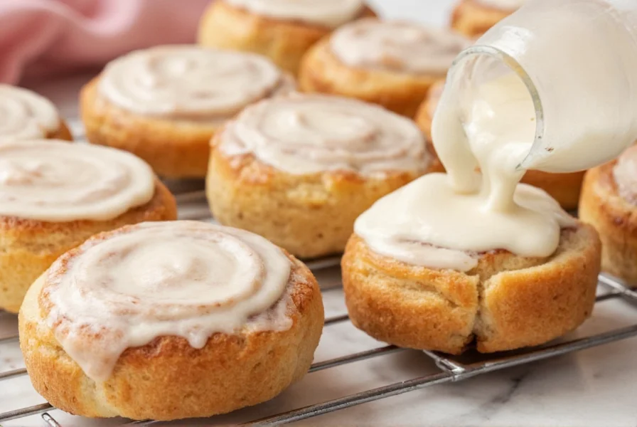 Step-by-step process of making cinnamon bun icing in a mixing bowl with cream cheese, butter, and powdered sugar