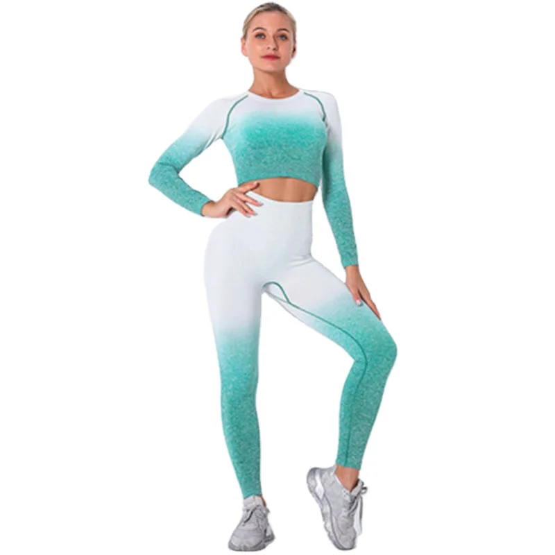 

Women Gym Workout Wear Mesh Gradients 2 pieces Long Sleeves And Yoga Leggings Set, Picture