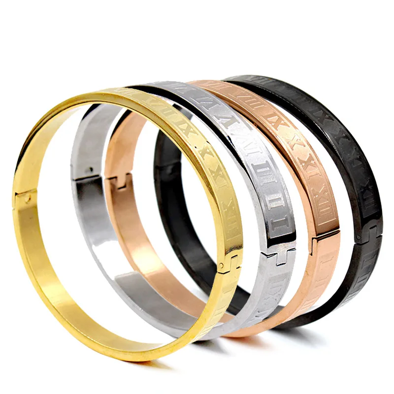 

Drop Shipping Classics Style Stainless Steel Gold Roman Number Bangle Roman Numeral Fit Women Men Couple Bracelet, Picture