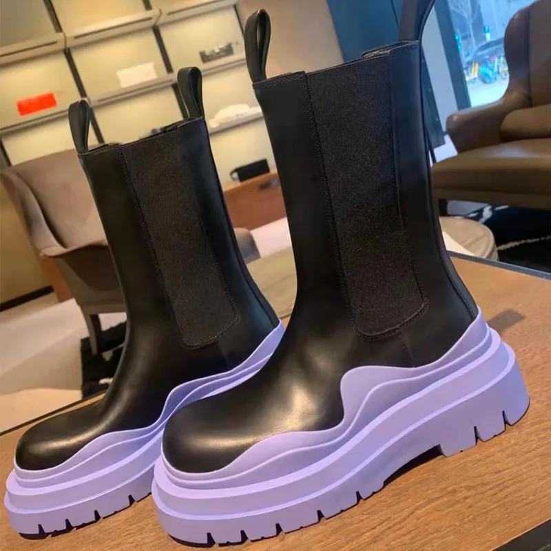 

Ladies Warm Candy Color Middle Boot Thick Sole Platform Fashion Winter Leather Women Boots, Black