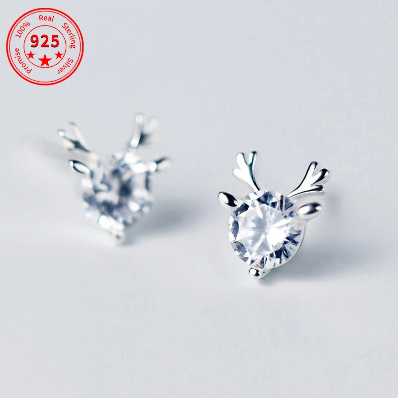 

New Women 100% 925 Sterling Silver Tiny Cute Elk Stud Earrings Girls Kids Gift Crystal Zircon Deer Antlers Earrings