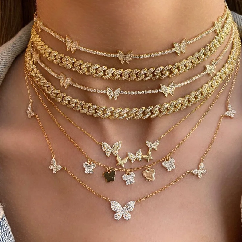 

Dylam Jewelry Dainty 18k Gold Plated Brass Link Zircon Pendant Women Chain Collar De Cadena Cadenas Oro Butterfly Necklace