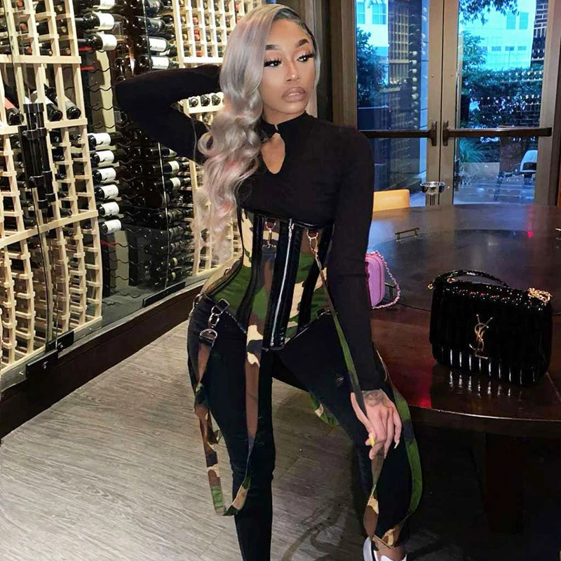 

2020 Women Winter Trendy Long Sleeve Bodycon Fits Jumpsuit Zipper Punk Gothic Goth Corset Streetwear Clothing 2 Two Pieces Set, Black,camouflage