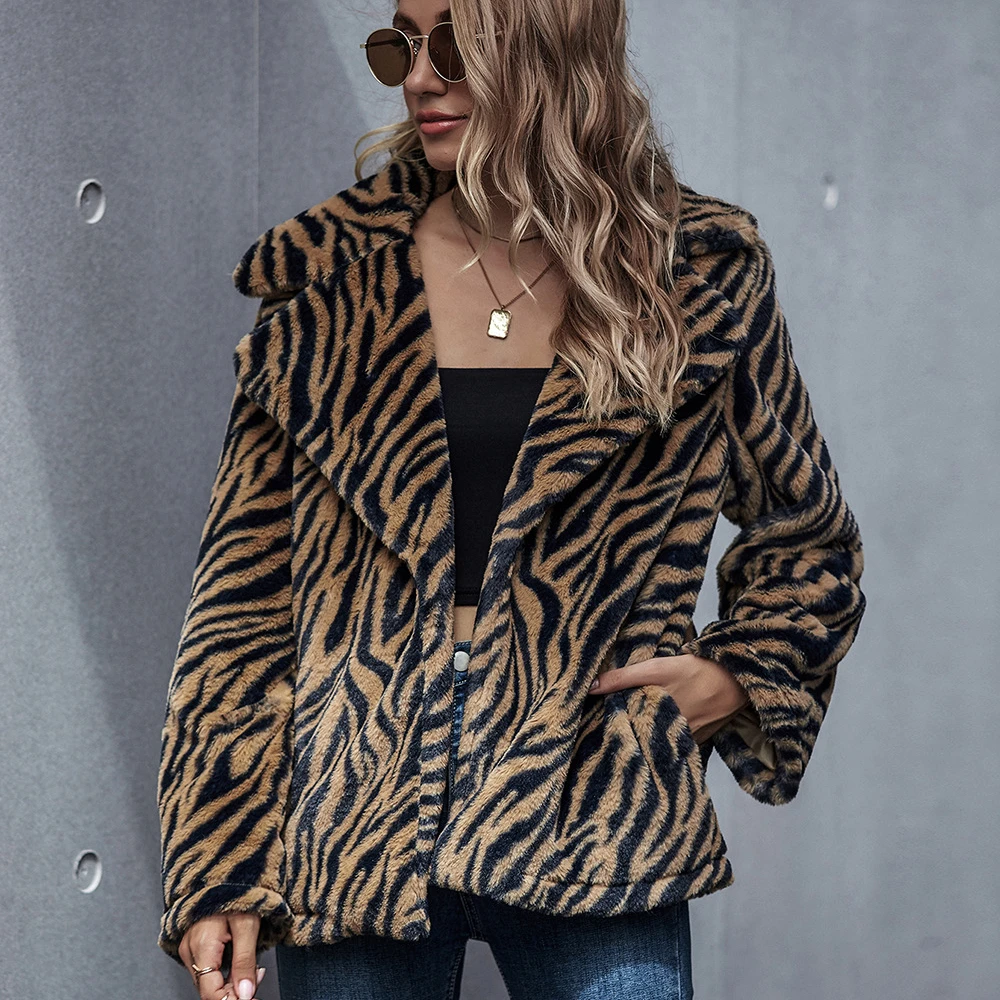 

Fashion Autumn Ladies Tiger Pattern Printing long sleeve Winter Plush overcoat Women Warm Jacket Casual Trendy Women Coat