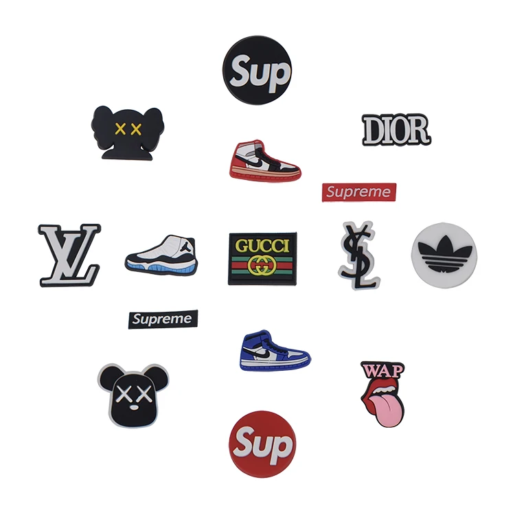 

wholesale Brand logo shoe charms cartoon pvc shoe lace charms for clog custom croc pvc shoe charms decoration, As pictures show