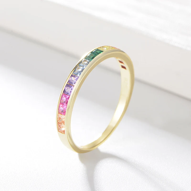 

RINNTIN EQR15 women 925 sterling silver Rainbow cubic zircon 18K gold plated wedding band eternity rings
