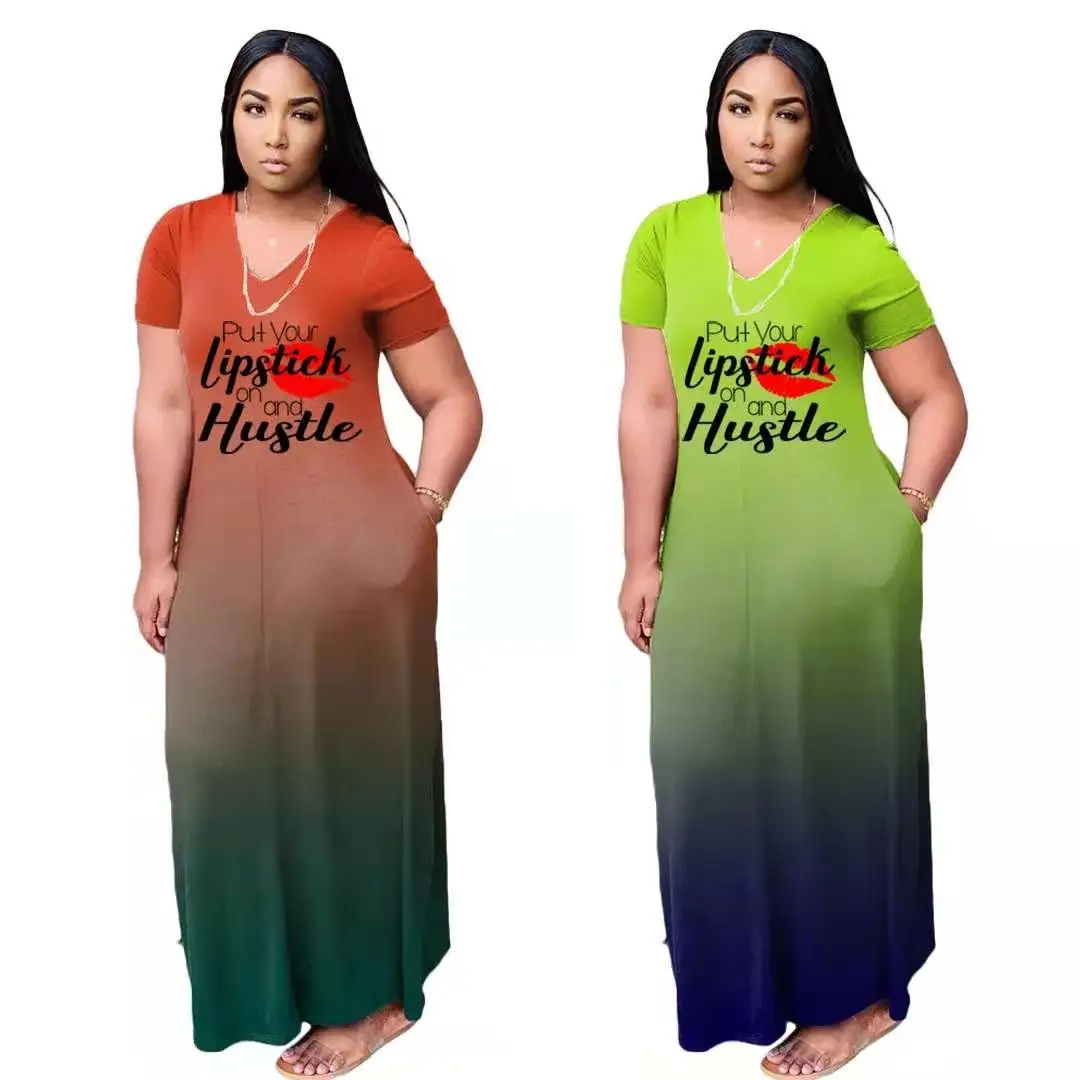 

2021wholesale plus size trendy graphic gradient maxi dress with pockets ladies short sleeve loose fit long dress casual
