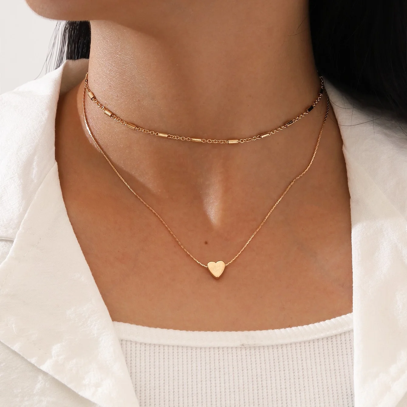 

2pcs Women's Simple and sweet double cascade wearing heart-shaped pendant collarbone chain set
