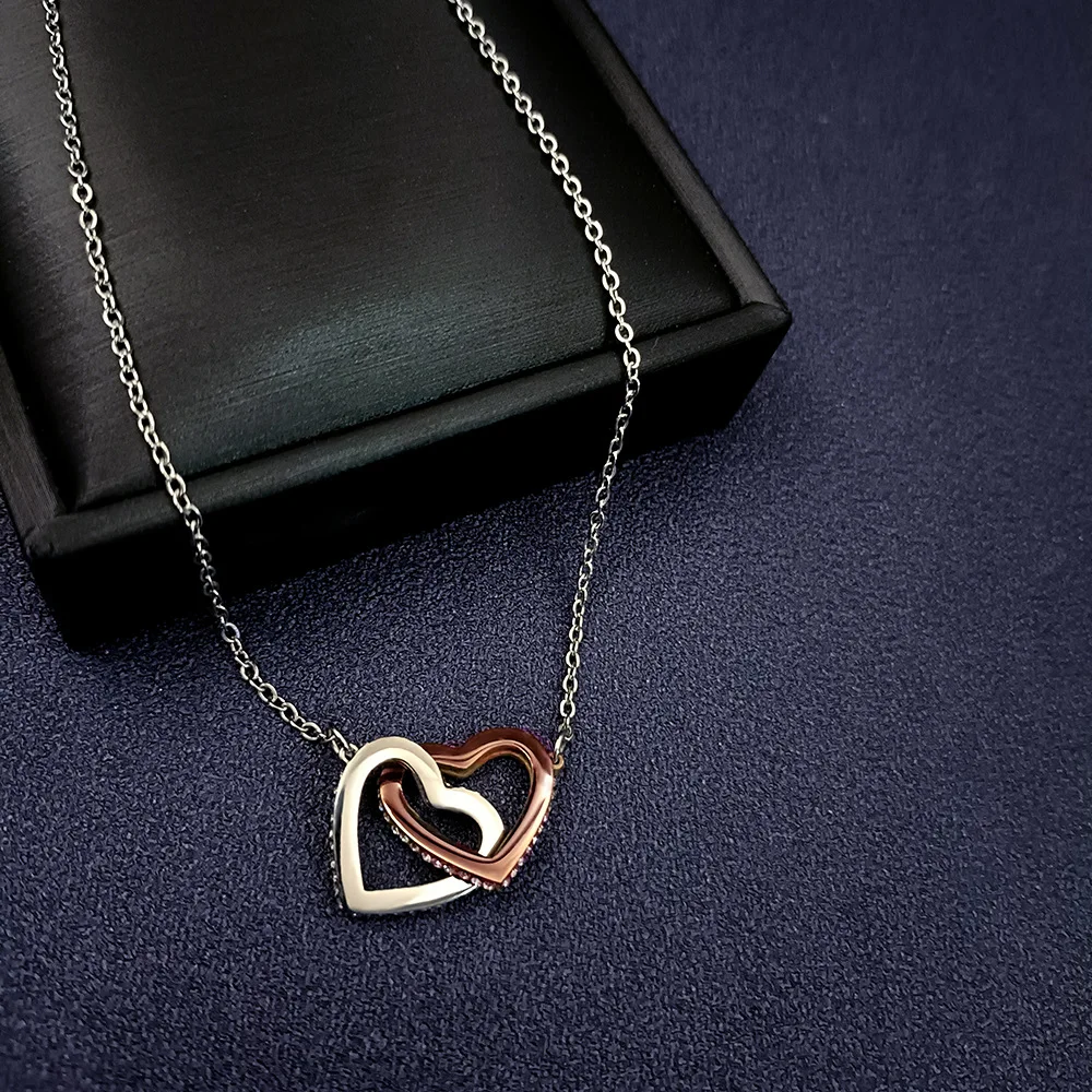 

Interlocking Heart Necklace For Women Zirconia Jewelry Stainless Steel Silver And Rose Gold Color Double Heart Pendant Necklaces