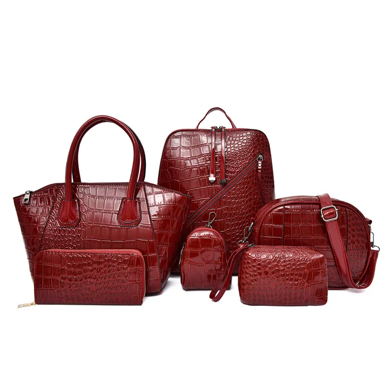 

New fashion luxury women's zipper embossed PU leather 6-piece handbag bags