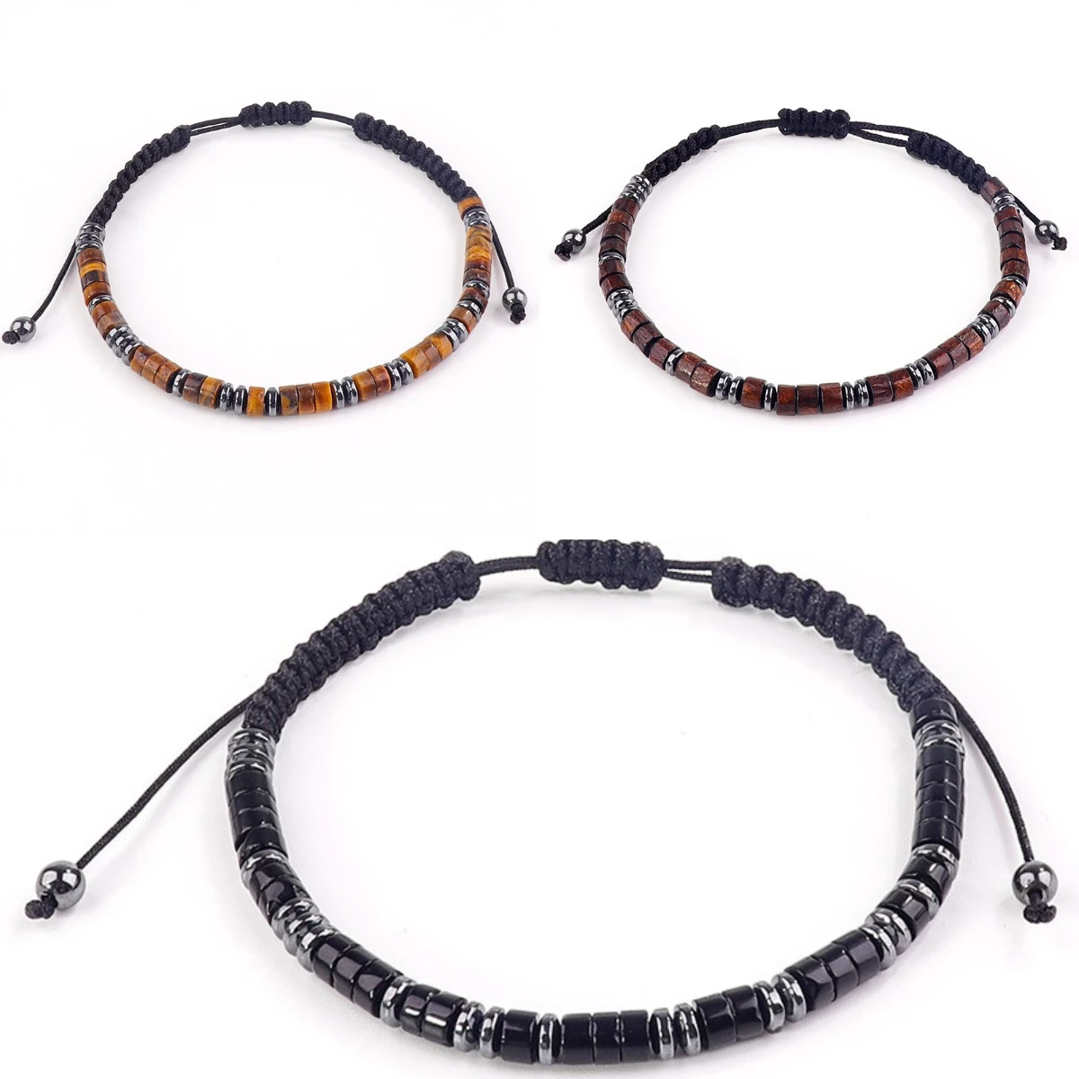 

Handmade Wholesale New Design Natural Gemstone Tiger Eye Obsidian Men Bead Morse Code Bracelet