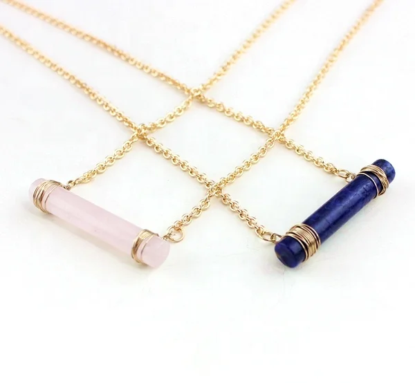 

Fashion Pink cylinder lapis lazuli Rose quartz Stone Bar Gold Color statement necklace For Women Girl brand Jewelry