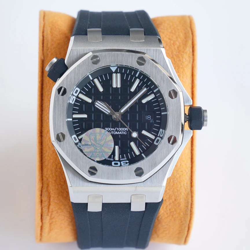 

Oak JF 3120 movement Navy blue grid dial silver case fashion stylish waterproof mechanical luxury dive watch