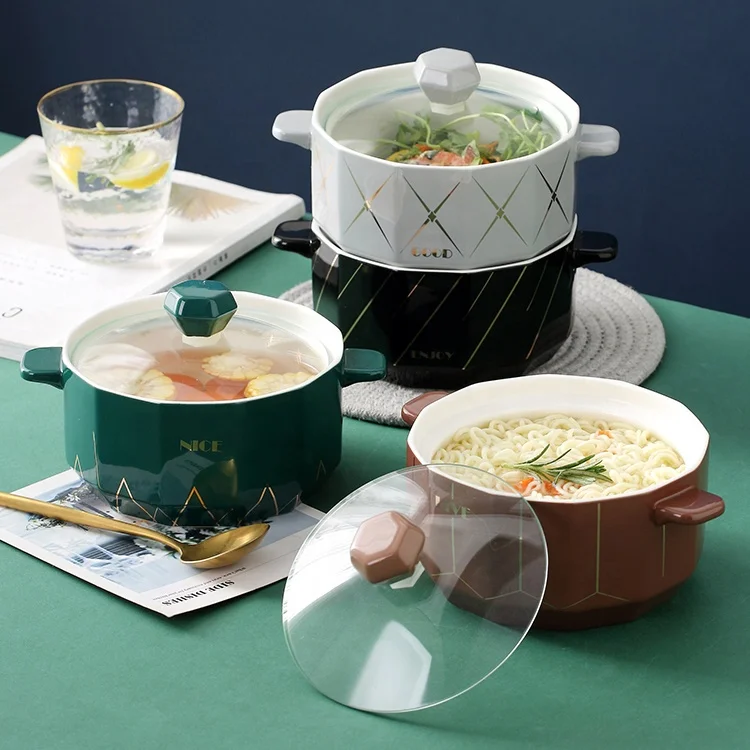 

High Quality Ceramic Tableware Double Ears Cute Instant Noodle Soup Salad Bowl With Lid, White/pink/green/gray/black/brown