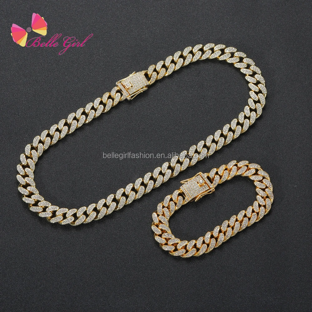 

BELLEGIRL Iced Out Zircon Buckle 14K 18K Gold Plated Miami Stainless Steel Cuban Link Chain Necklace Set Men Jewelry Cuban Link