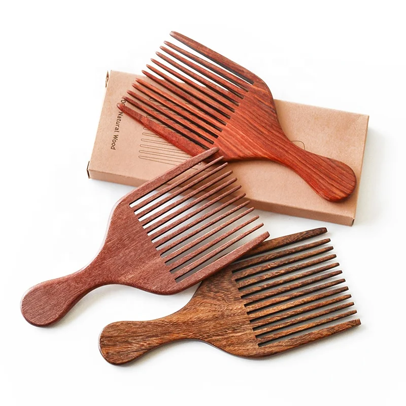 

Low MOQ Custom LogoEco-friendly Handmade Sandalwood Wide Tooth Afro Pick Comb Beard Pick Comb, Natural