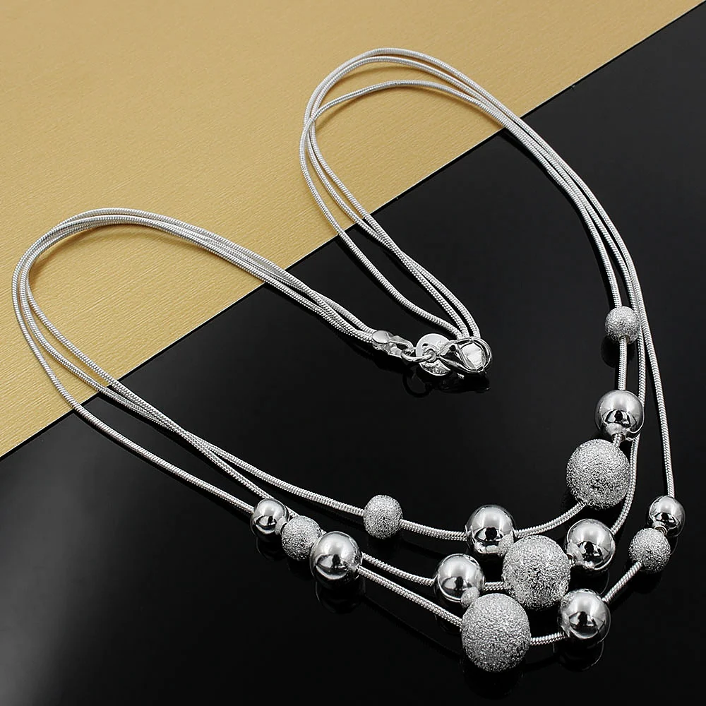 

Popular Men Women Charm Classic Silver Color Bead Steel Jewelry With Three Chain Light Sand Beads Necklace Christmas Gifts