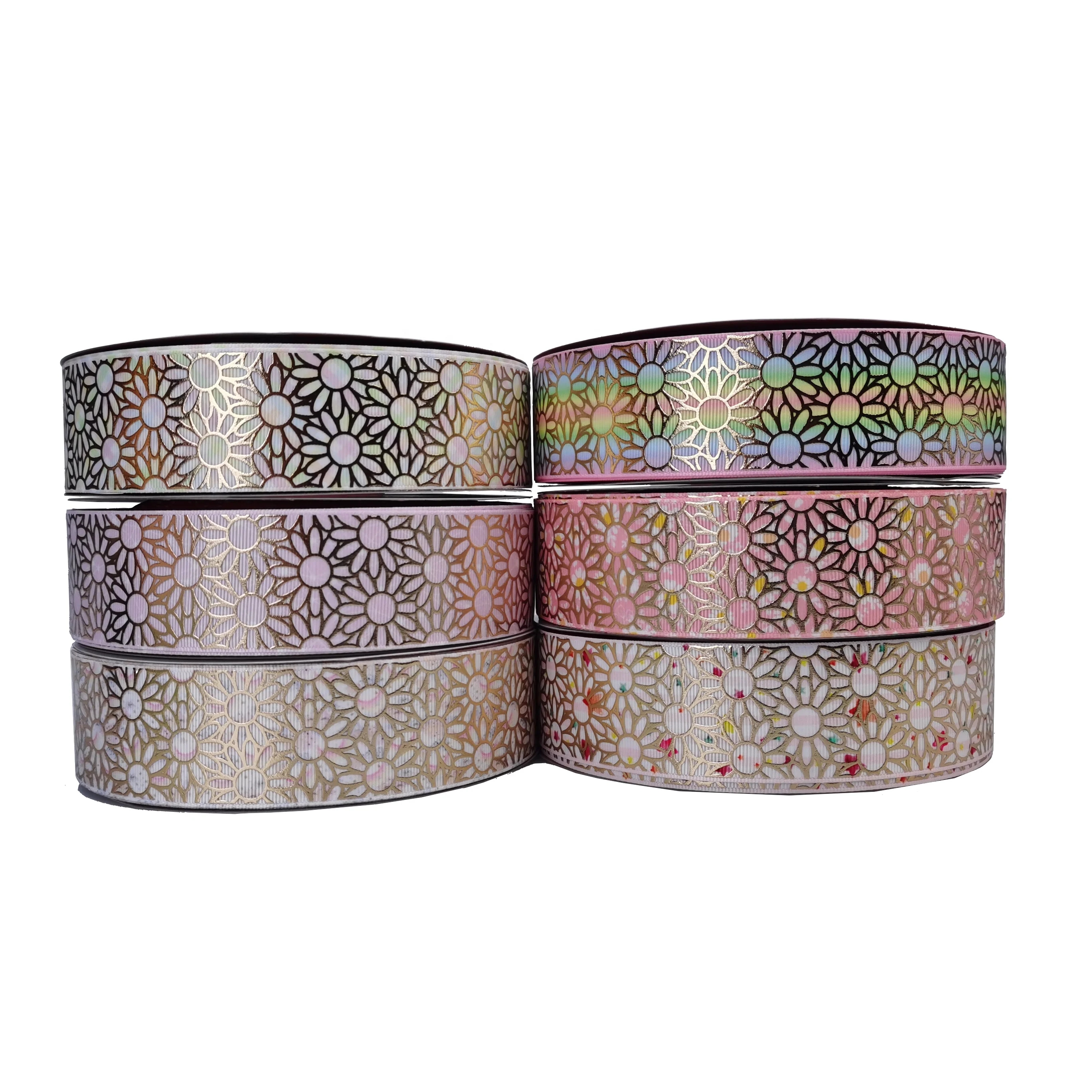 

1.5 inch grosgrain hologram gold printed ribbon sun flowers for hair accessories, Customized color