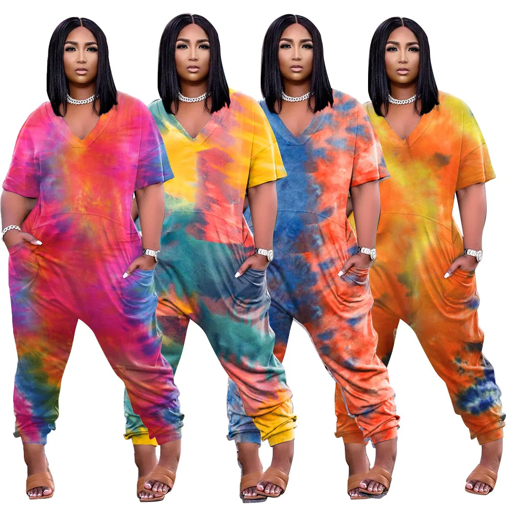 

women summer loose casual jumpsuit S-5XL tie dye printed v neck short sleeve plus size one piece romper jumpsuit, Custom choose