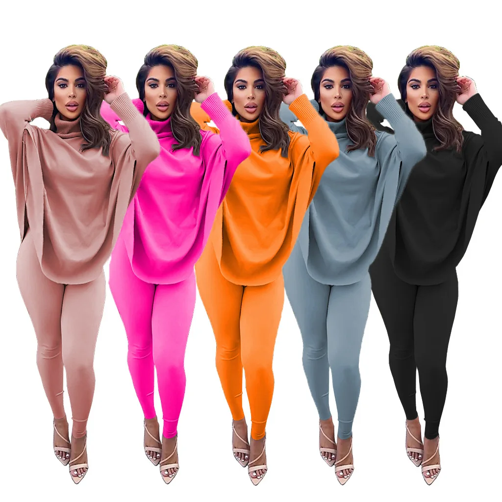 

Fall 2021 women clothes plus size Fashion casual loose smock long sleeve two-piece sweater suit solid two piece set