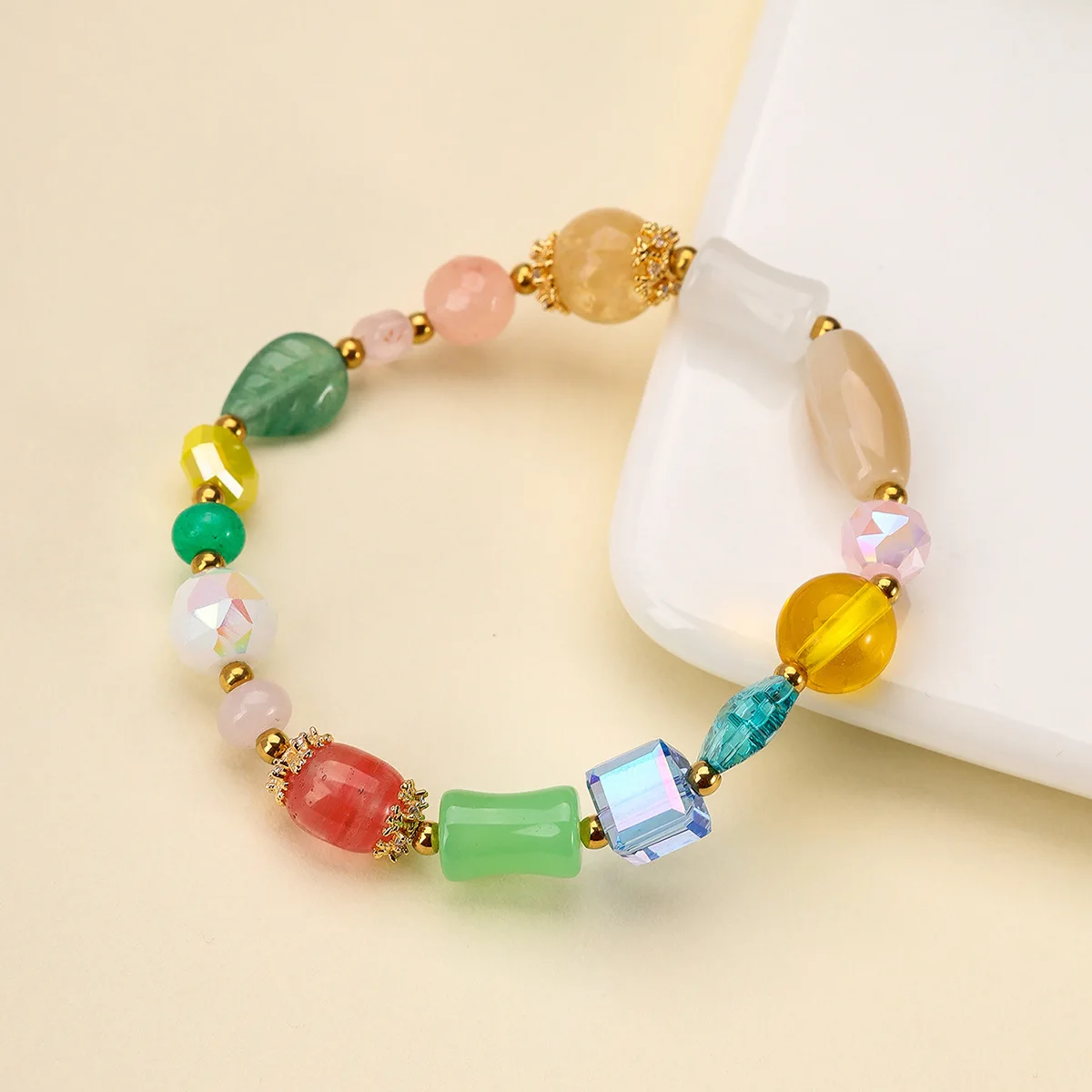 

Trendy natural multi gem stone color series gold silk jade bracelet fresh and sweet stainless steel bracelet for women