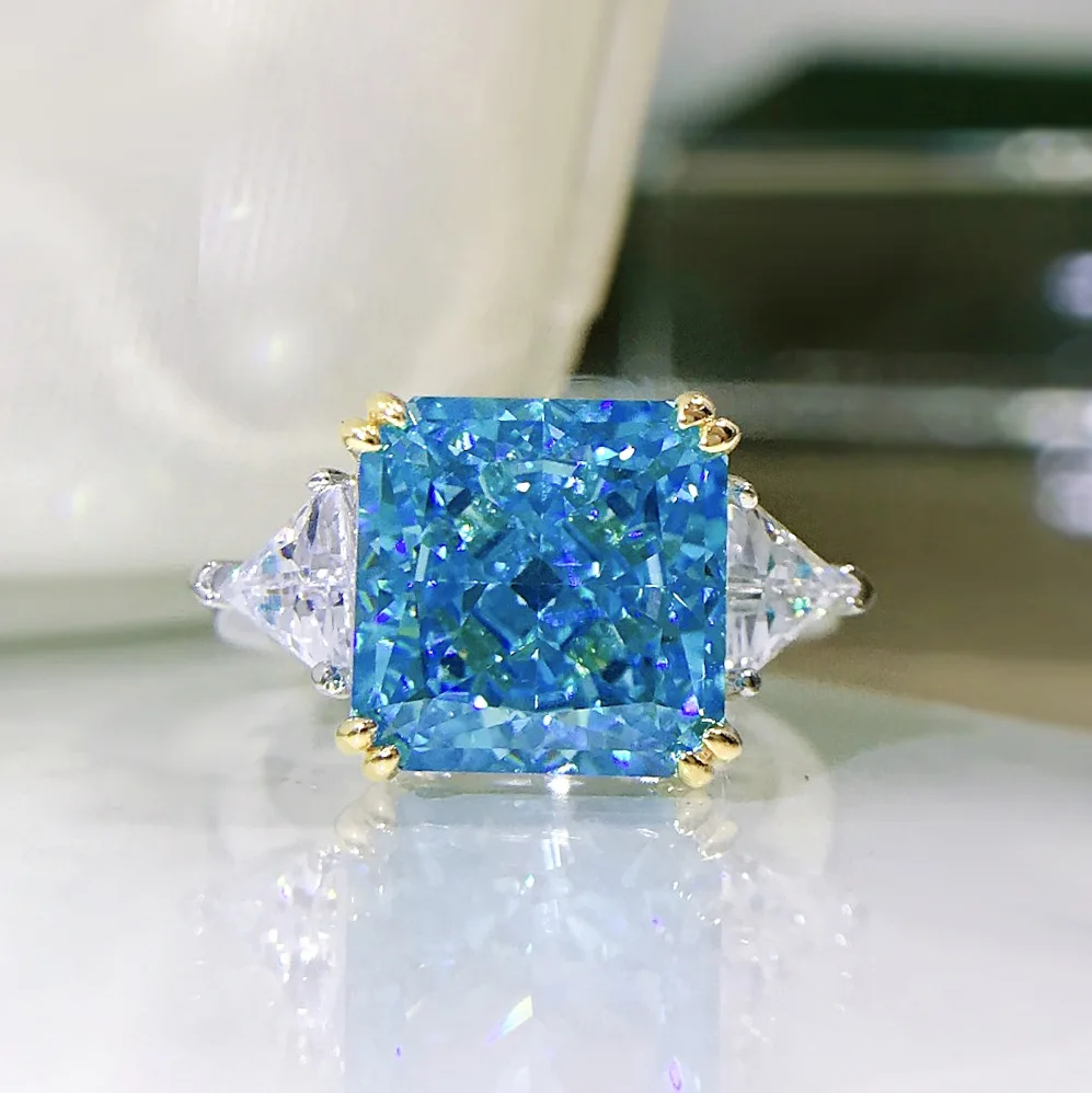 

New S925 Silver Ring Female 10*10 Blue Diamond White Gold Diamond Ring 11 Carat Wedding Ring Jewelry, Picture shows