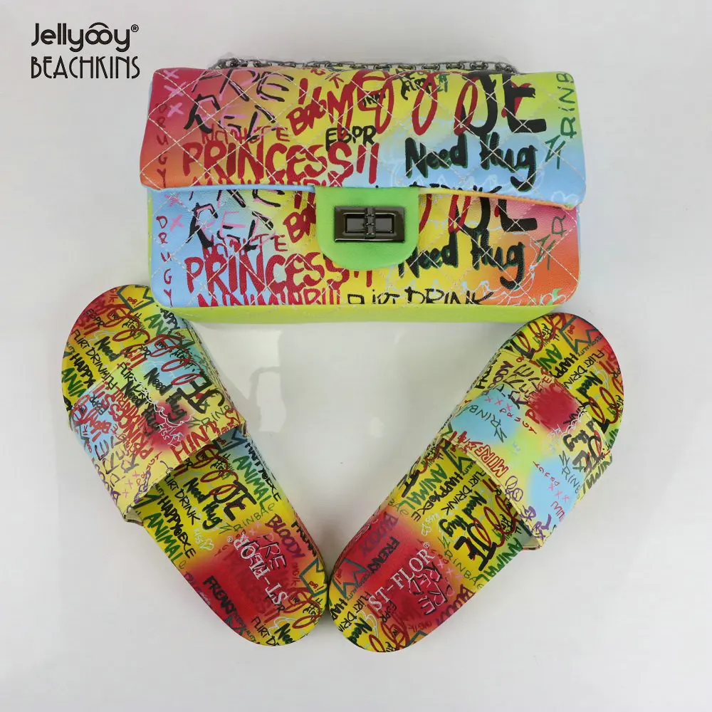 

2021 New Women Sandal Colorful Graffiti Bags With Graffiti Slippers Set Lady Fashion Outdoor Slides With Handbag