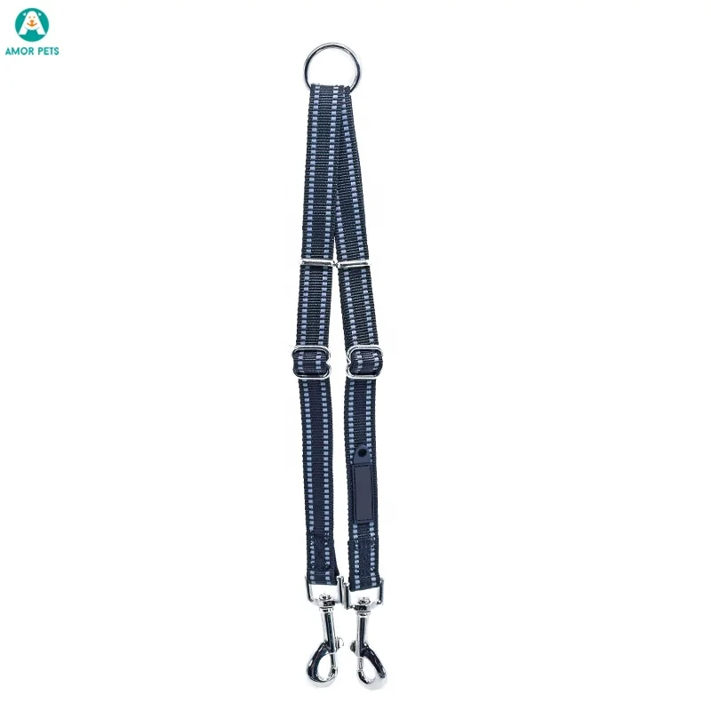 

Wholesale Adjustable Customizable LOGO adjustable nylon webbing safety reflective double dog leash, Picture shows