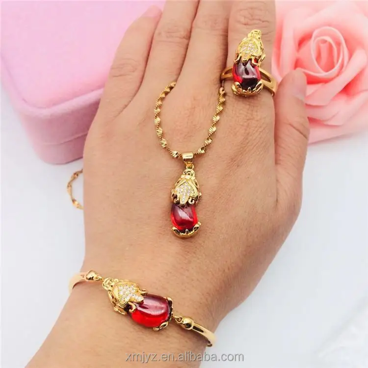 

Vietnam Sand Gold Jewelry Brass Gold-Plated Jewelry Gemstone Brave Ring Bracelet Pendant Earrings Four-Piece Set