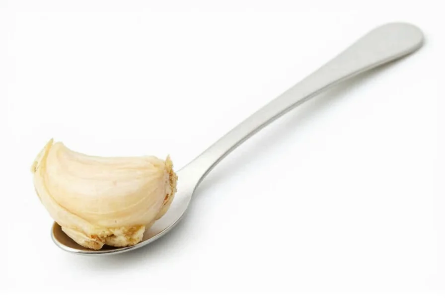 Close-up of fresh garlic cloves next to measuring spoons showing teaspoon measurement for minced garlic