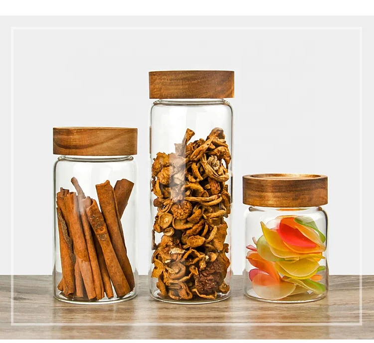 

Glass Jar with Screw Clear Stackable Kitchen Canisters Food Storage Jar with Wooden Lids, Transparent