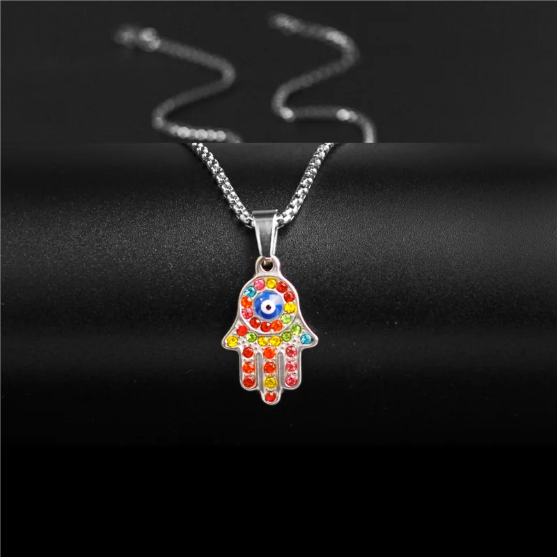 

Amazon Hot Sale No Fade Blue Evil Eyes Necklace Stainless Steel Pave Color Pottery Clay Drill Hand Of Fatima Pendant Necklace