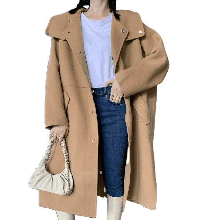

Simple Slouchy Loose Black Camel Color Drop Shoulder Hooded Women Jacket Winter Clothes Ladies Long Wool Coats