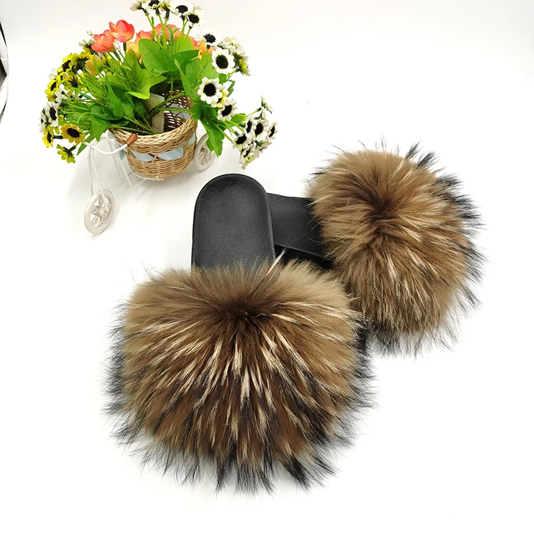 

rainbow fur slides custom women fox fur slides colorful 100% fluffy fox raccoon fur slippers, Customized color