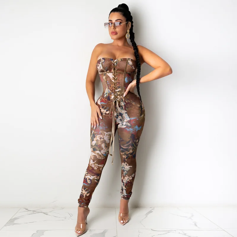 

2020 new arrivals design women printed off shoulder full length casual jumpsuit for ladies