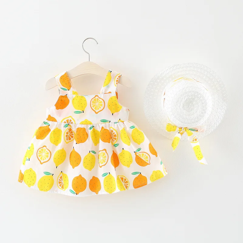 Wholesale New Design Summer Trendy Print Lemon Baby Girl Dress With Detachable Bow