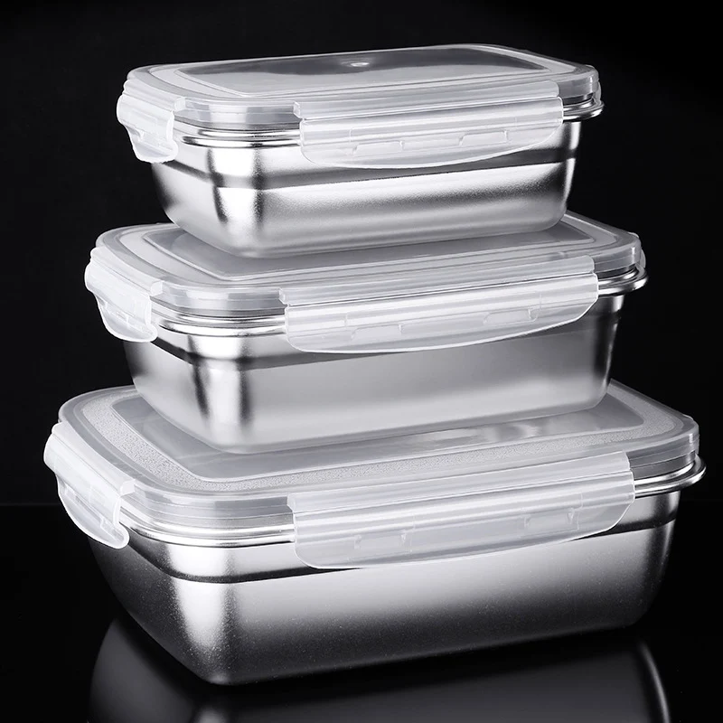 

A3444 Stainless Steel Kitchen Food Crisper Container Refrigerator Fresh-keeping Lunch Boxes Food Sealed Storage Box, White