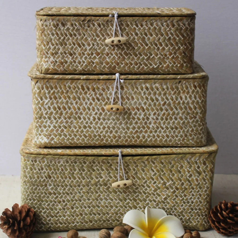 Custom Handmade Seagrass Woven Storage Basket With Lid For Living Close ...