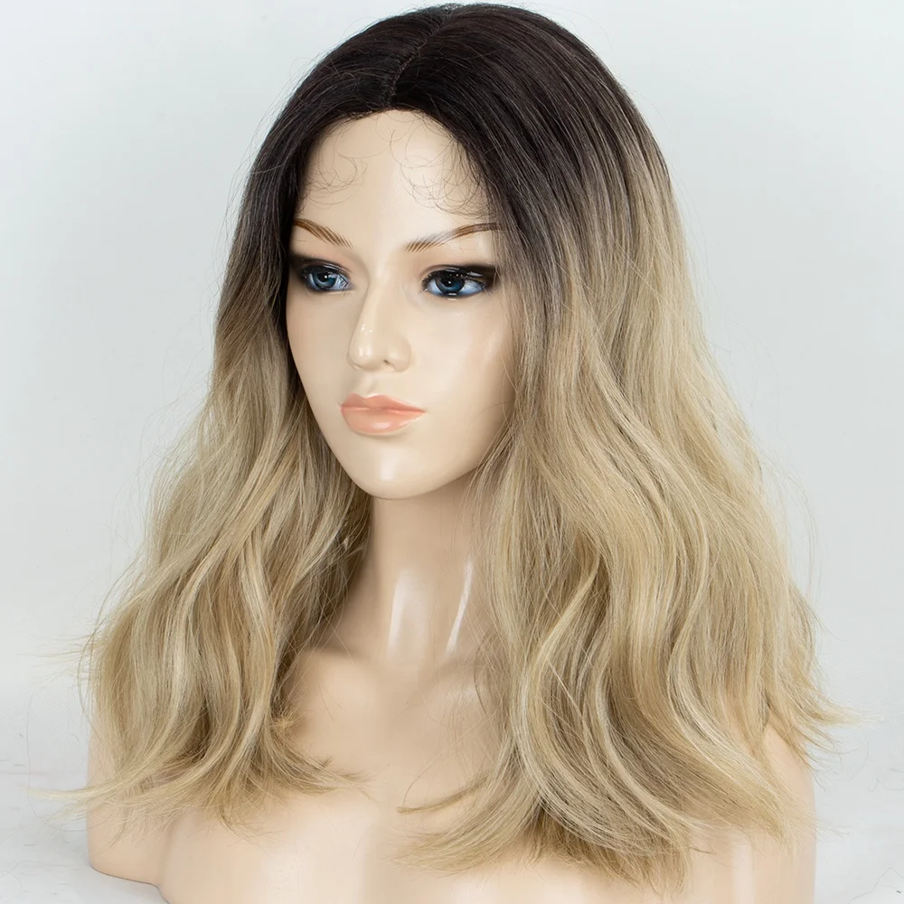 

Aliblisswig Natural Looking Dark Root Ombre Blonde Medium Length Wavy Heat Friendly Fiber Hair Synthetic Lace Front Wig