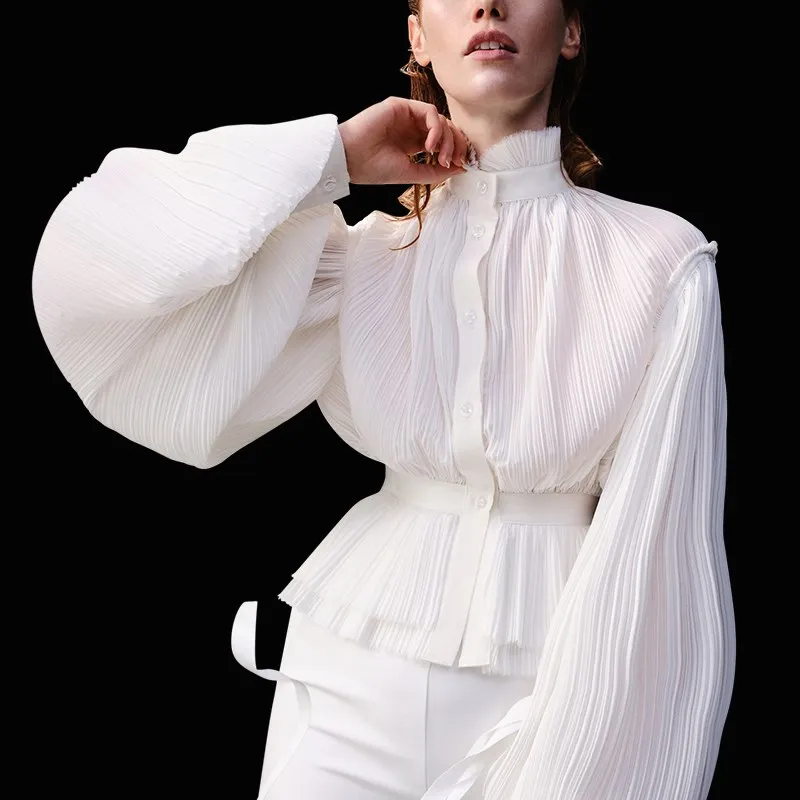 

A3471 white pleated chiffon high neck women top