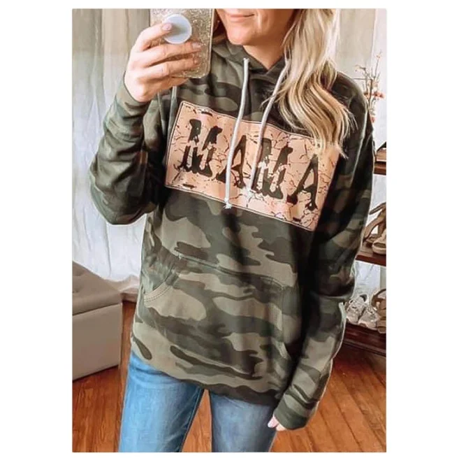 

New Camouflage MAMA Letter Print Kangaroo Pocket Hoodie Women Sweatshirt 2020