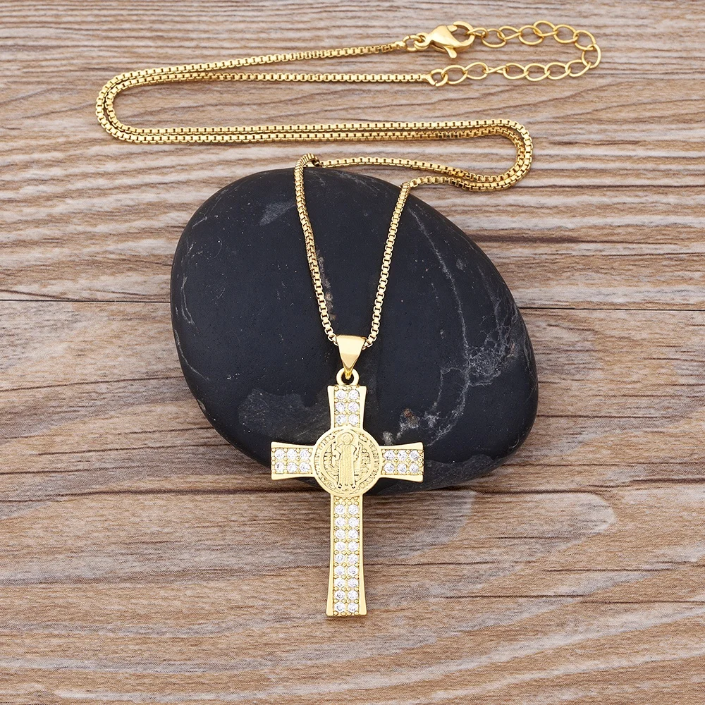 

New Dropshipping Religious Cross Zircon Pendants Necklace Stainless Steel Christian Jewelry Christianity Choker Necklaces Men's, As pictures